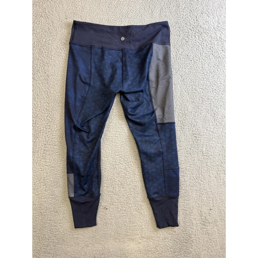 Lululemon‎ Leggings Womens 10 Blue Black Geometric Panel Cuffed Ankle Yoga Gym